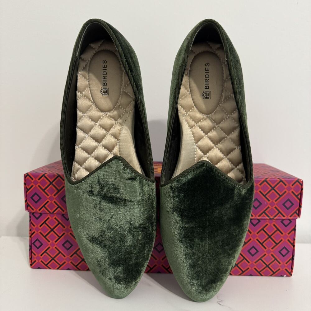 Birdies Forest Green Velvet Pointed Slip-On Flats